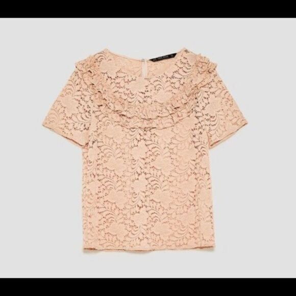 Zara Guipure Lace Ruffled Top in Pink Large - Picture 5 of 7